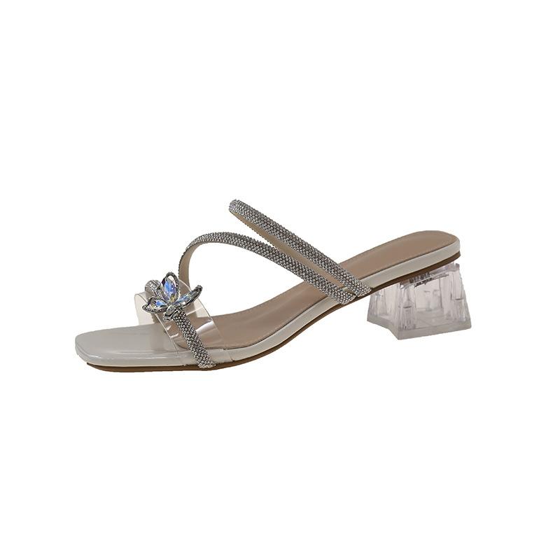 2025 new fairy rhinestone bow fairy beautiful high value cool slippers outer wear with diamond crystal heel women's shoes