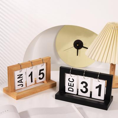 Solid Wood Desktop Calendar with Metal Iron Ring Rust-Resistant Wooden Perpetual Calendar Ornament Desktop Decor
