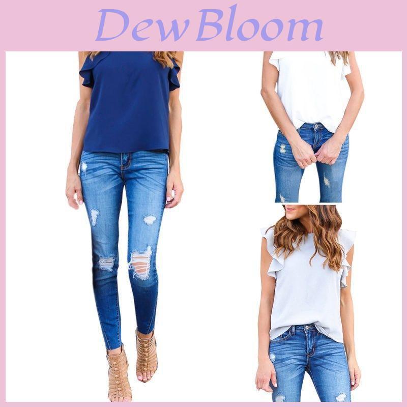 Elegant Ladies Summer Lotus Lace Short Sleeve Casual Shirt Tops Blouse T-shirt
