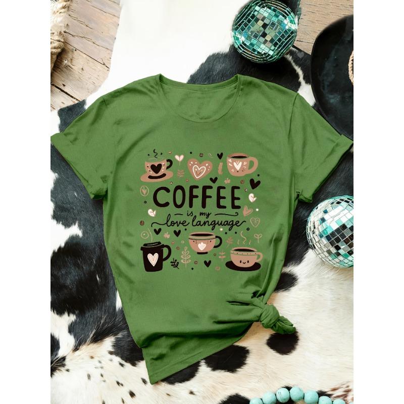 Super Cute Coffee-themed Printed T-shirt, Perfect for Spring and Summer.