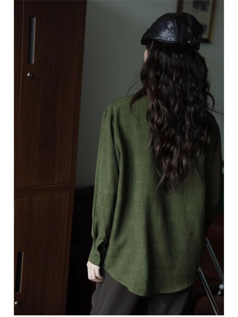 Women's Retro Hong Kong Style Green Cotton-Linen Long Sleeve Shirt, Slim Fit for Spring and Autumn
