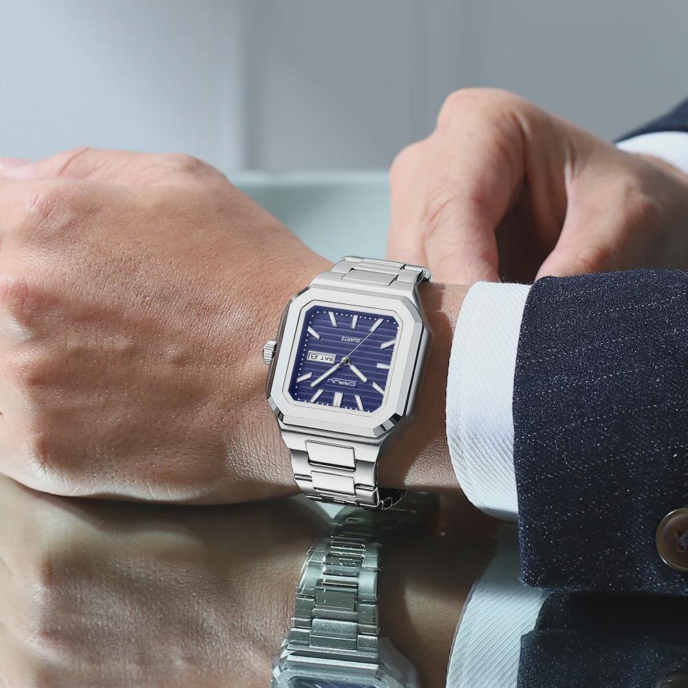 Luxury Men's Quartz Watch Square Case Day Date Display Stainless Steel Wristwatch