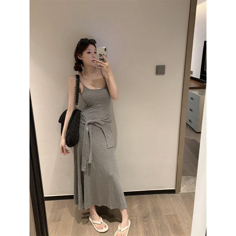 

Kumikumi Pure Desire Style Stripe Lace-up Temperament Sling Dress Women Summer Waist Hugging Slimming A- line Skirt Long dress Gray One size