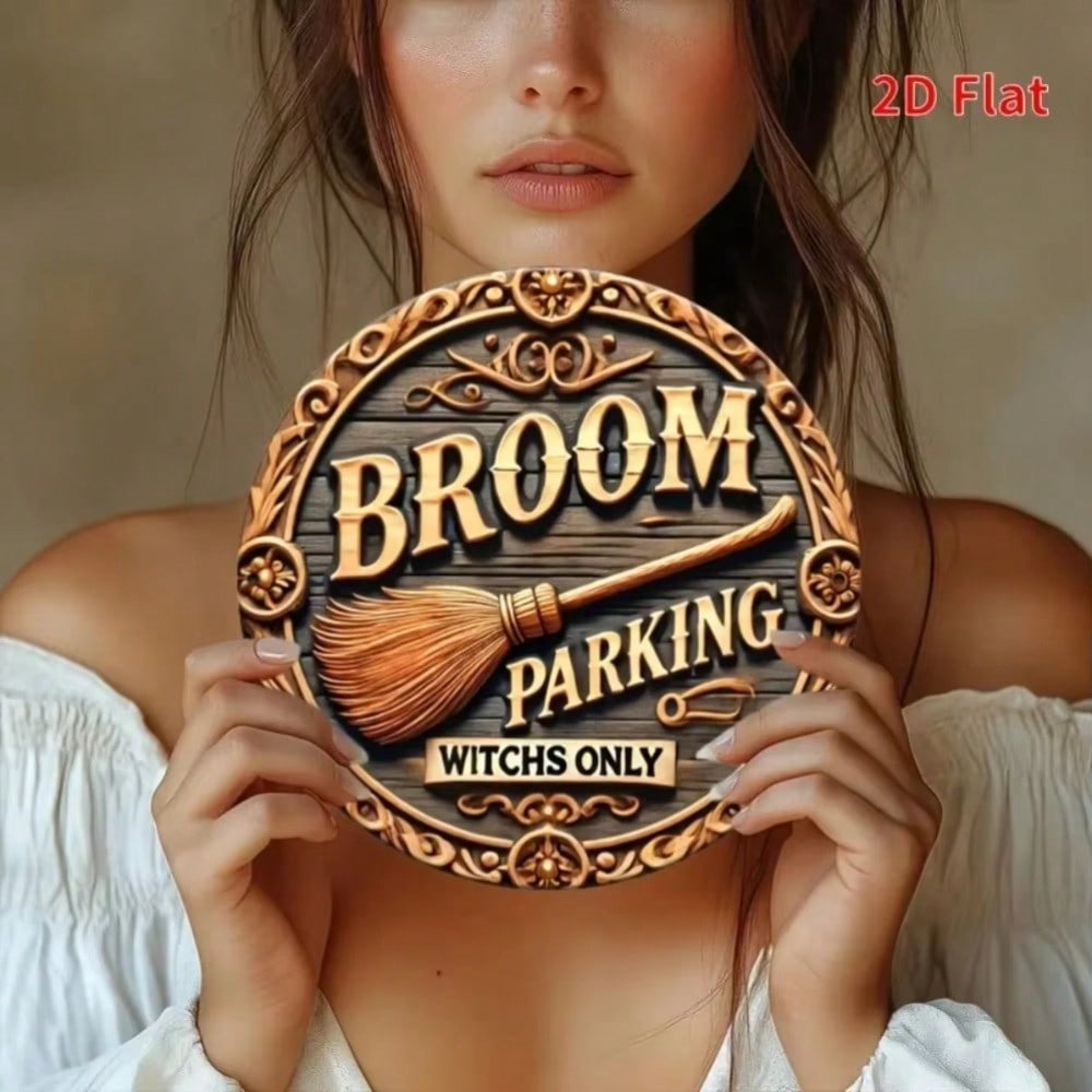 Vintage Metal Witch Sign Broom Parking Wall Art Rustic Floral Scroll Decor Home Halloween Porch