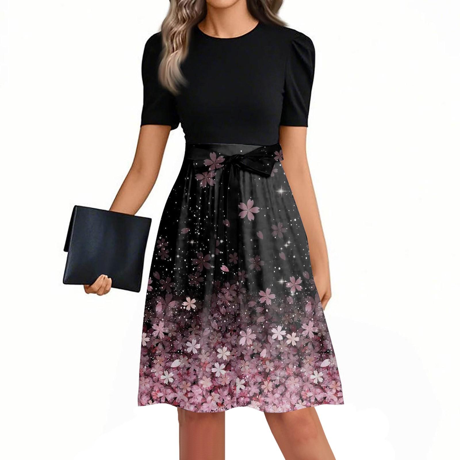 Women s Fashionable Casual Belt Short Sleeved Round Neck Printed Patchwork Dress M горячий розовый