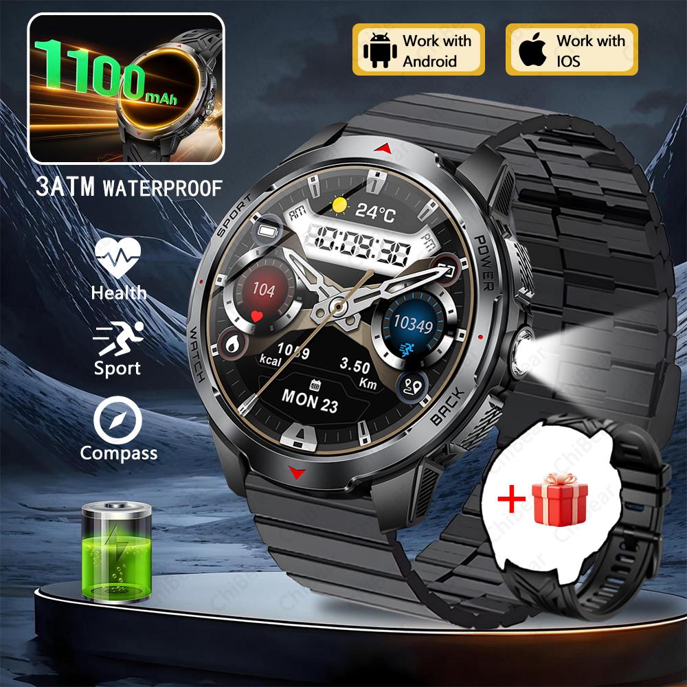 New 1100mAh Large Battery Smart Watch Men Compass LED Flashlight 3ATM Waterproof Bluetooth Call Heart Rate Sports Smartwatch