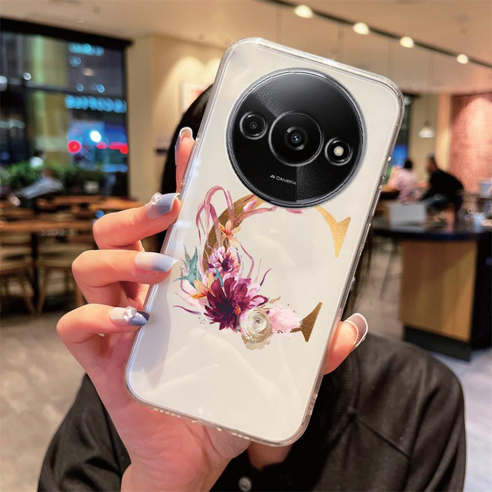 Phone Case For Xiaomi Redmi A3 Redmia3 Transparent Silicone Camera Protection Colorful Flowers Golden Letters A-Z Clear Cover