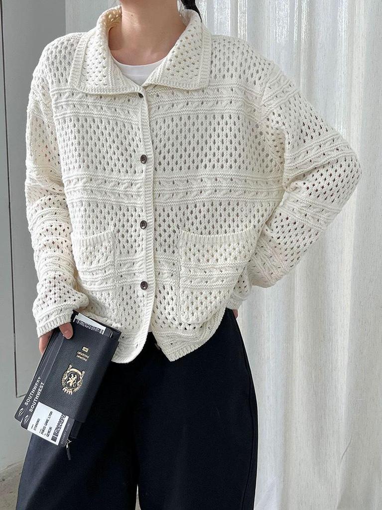 Korean Style Retro Knit Cardigan - Short Sleeve, Hollow-Out Design for Autumn/Winter