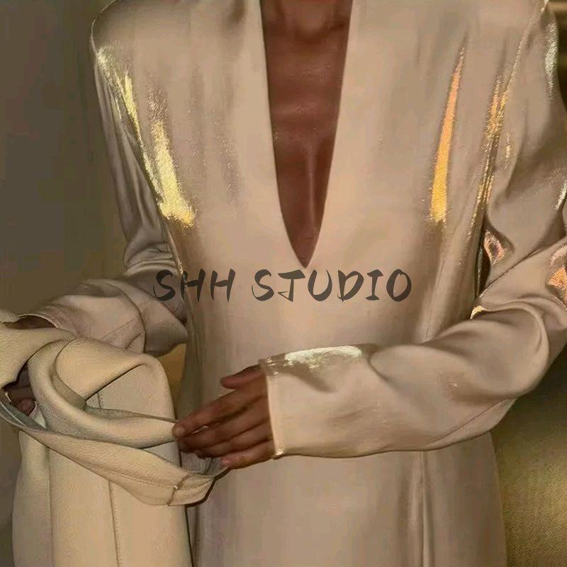 Spring New Women's Clothing French Style Casual Plaid Loose-Fitting V-neck Long Sleeves A- line High Waist Mid Length Long Length Dress