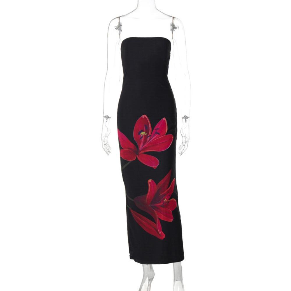 Damen trägerloses ärmelloses Maxikleid schmale Passform mittlere Leibhöhe sexy Blumenprint Meerjungfrauenkleid