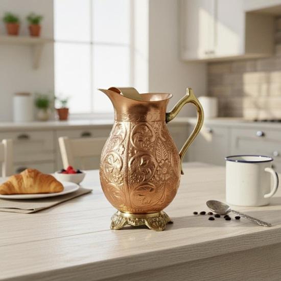 Handcrafted Copper Jug with Brass Handle  Floral Engraved Pitcher
