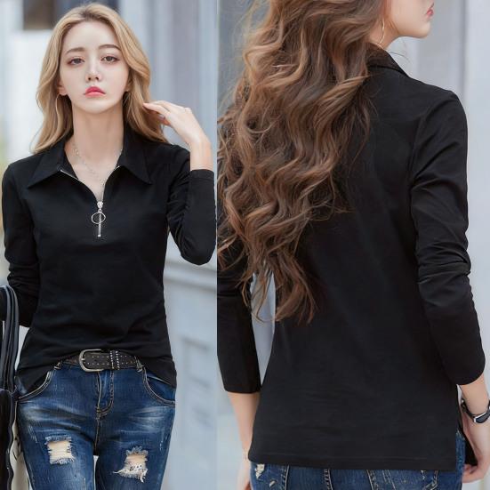 Women T-shirt Lapel Zipper Half Placket Long Sleeve Pullover Tops Solid Color Slim Fit Stretchy Casual Tee Shirt Work Party Vacation Daily Wear