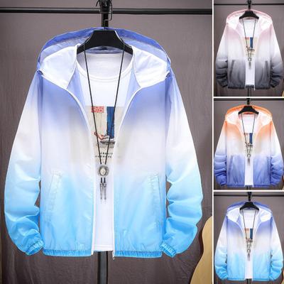 Men Summer Sunscreen Coat Gradient Color Pockets Zipper Breathable Hooded Anti-UV Long Sleeves Loose Fishing Camping Sunscreen Jacket Men Clothes