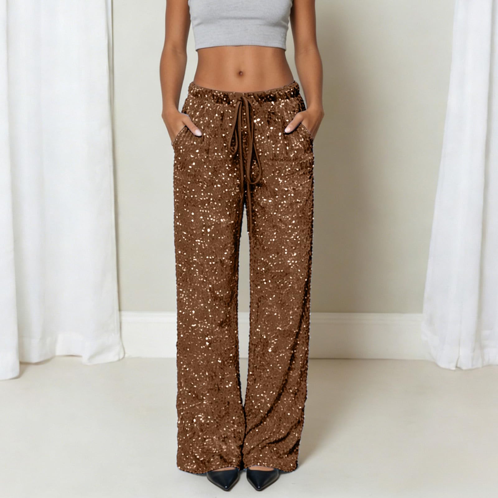 

Женские мерцающие зауженные брюки-клеш на кулиске L кофейный