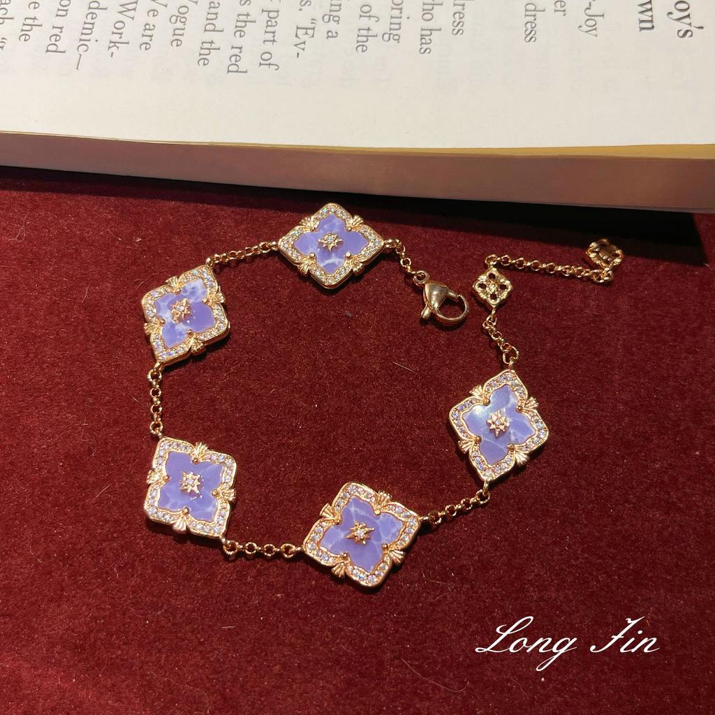 French Retro Raspuche Four-Leaf Clover Blue-Purple Suit, Bracelet Necklace, Earrings, Court Style, Light Luxury And Versatile.