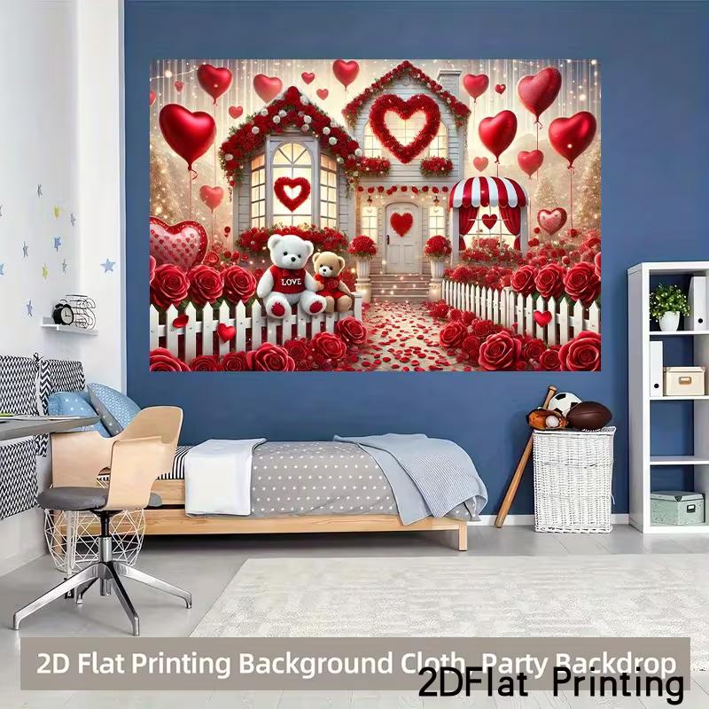 2D Valentine's Day Teddy Bear & Red Rose Photography Backdrop