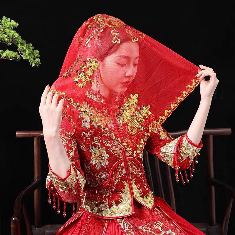 Red Xiuhe Summer Bridal Dress with Semi-Transparent Veil and Head Covering