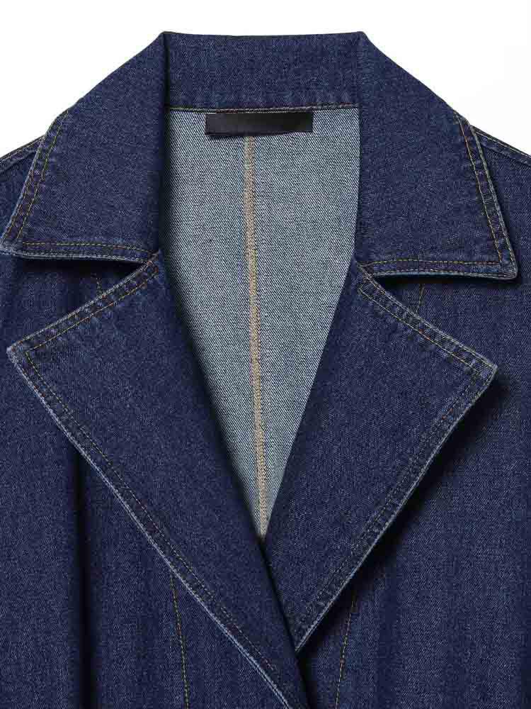 Giacca di jeans primaverile da donna: Versatile Manica Lunga, Collo a Revers, Monocolore con Cintura