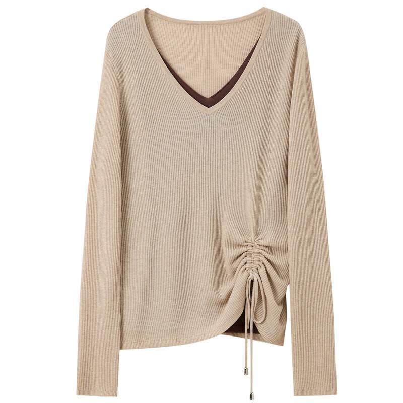 SanCai 2025 Autumn Fake Two-Piece V-Neck Knit Pullover