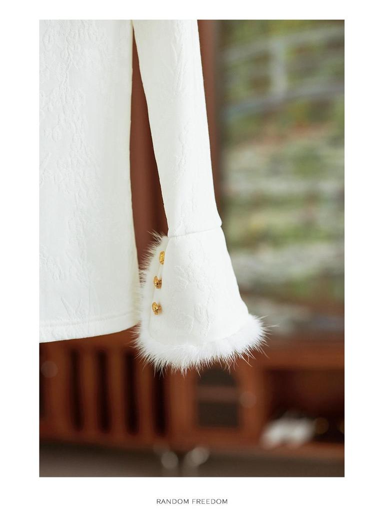 New Chinese Style Jacquard Mink Fur Trim Half-Stand Collar Women's Top for Autumn/Winter