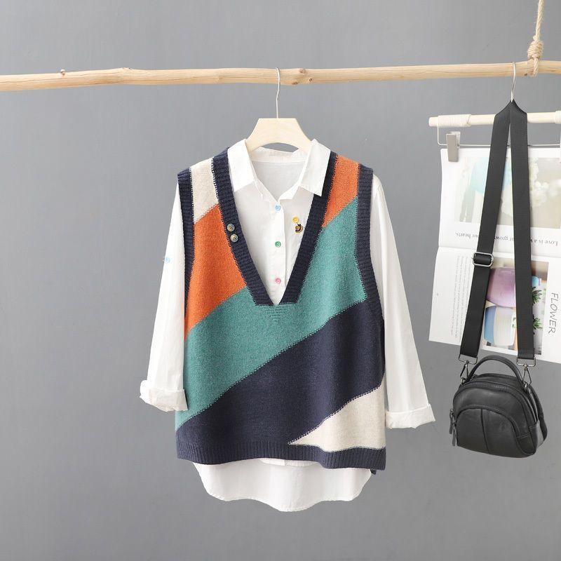 

Свободный трикотажный жилет с V-образным вырезом и цветовым блоком для женщин — идеально подходит для многослойного ношения XL темно-синий