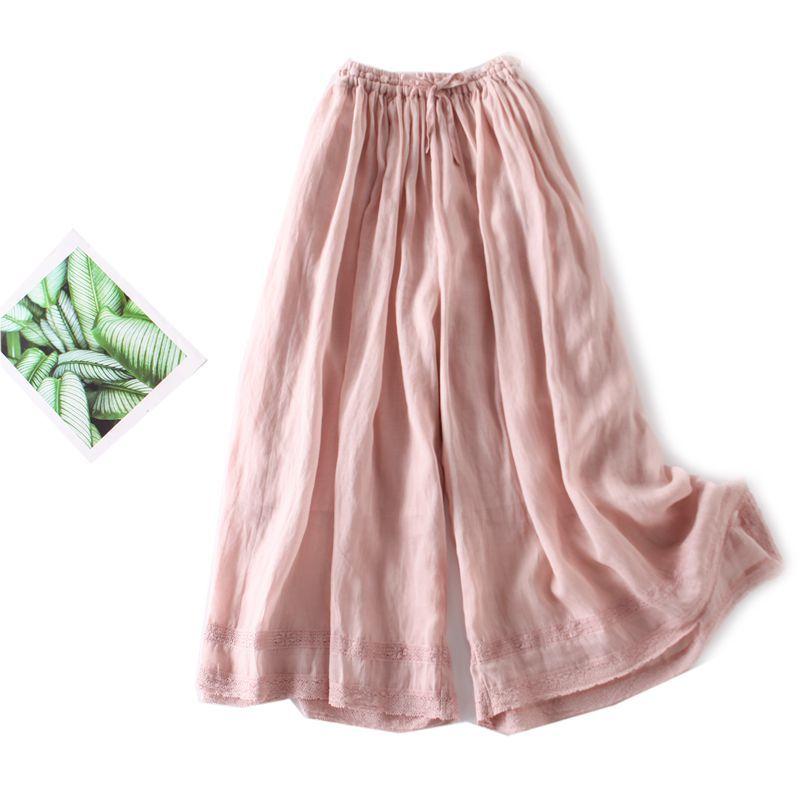 2025 Summer New Casual Culottes Women's Literary and Retro Loose and Thin Cotton and Linen Elastic Waist Straight Wide-leg Pants