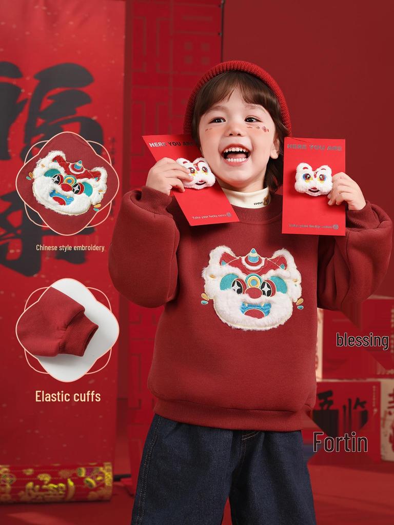 Europäisches Jungen-Sweatshirt mit rotem Fleece-Futter für Neujahr - Herbst Winter Kinderkleidung