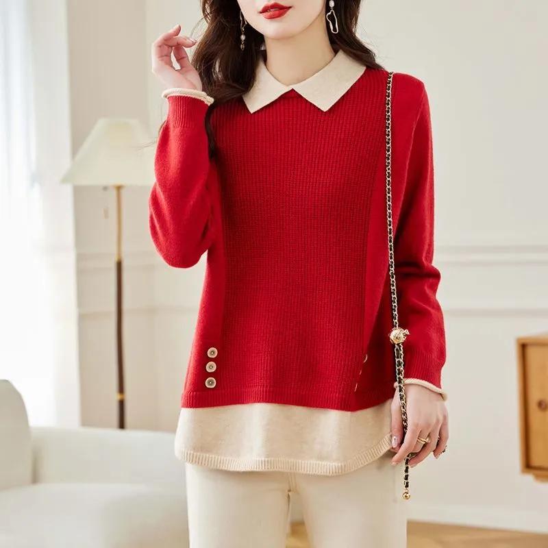 Lapel Fake Two-piece Knitted Bottoming Shirt Women's Autumn and Winter Loose and Thick To Keep Warm