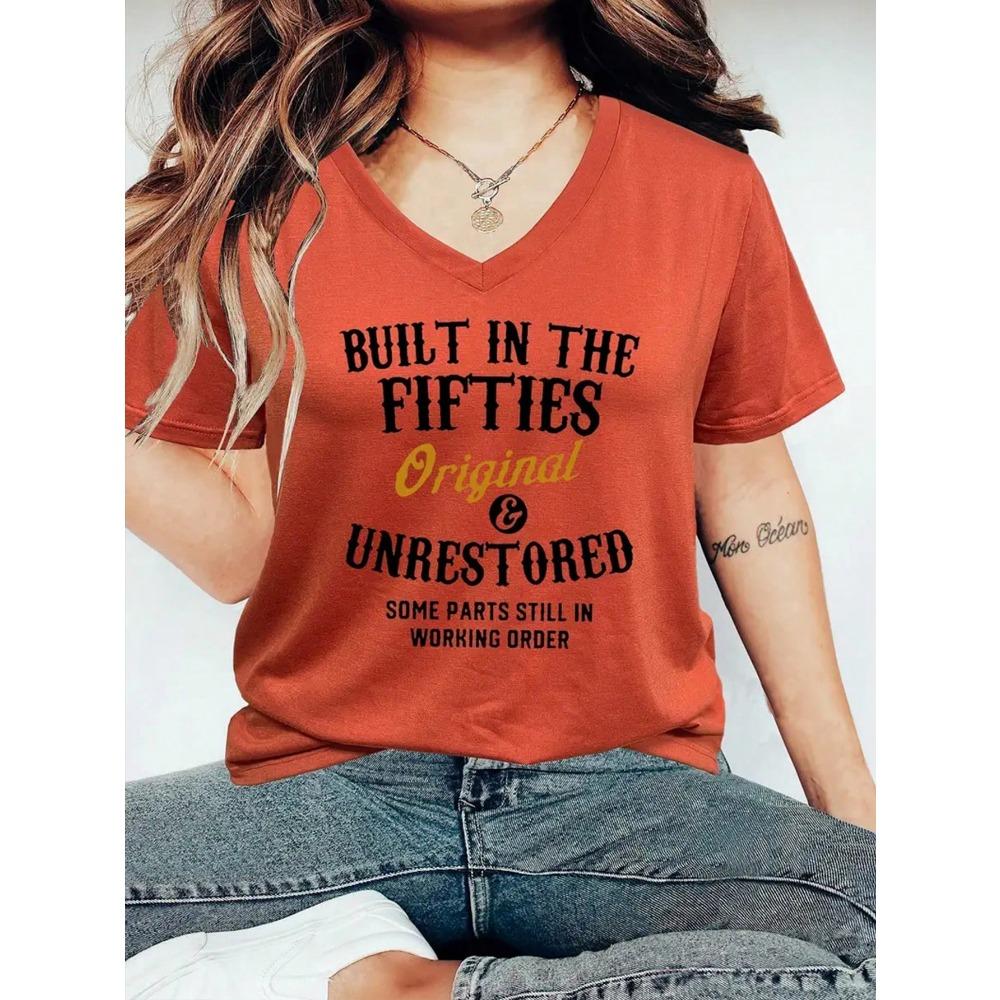 2026 women s casual and elegant plus size women s slogan casual print V-neck loose short sleeved plus size T-shirt summer S