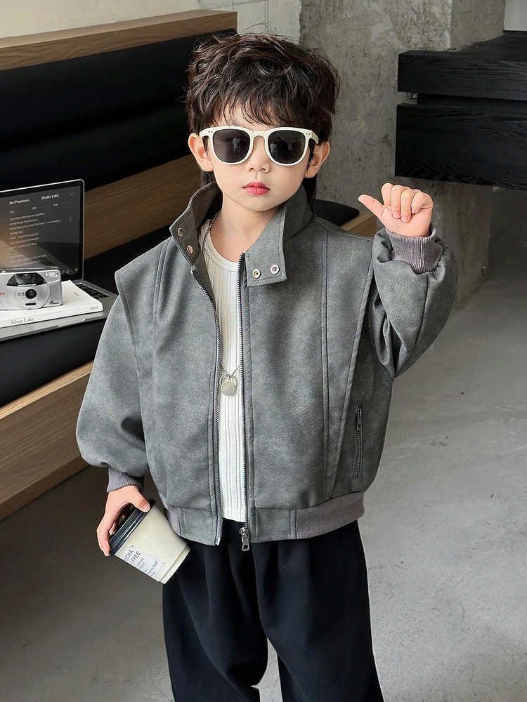 American Retro Boys Embroidered PU Leather Jacket: Spring Trendy, Loose Lapel, Washed Versatile Outerwear 120cm