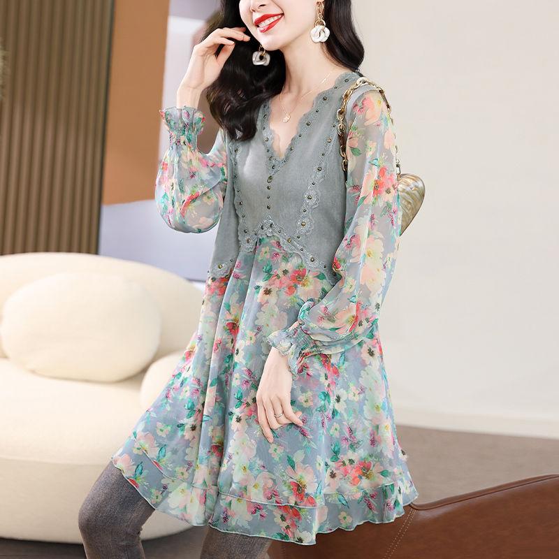 Modisches Patchwork-Chiffon-Shirt mit Blumenmuster für Damen, für Frühling und Sommer