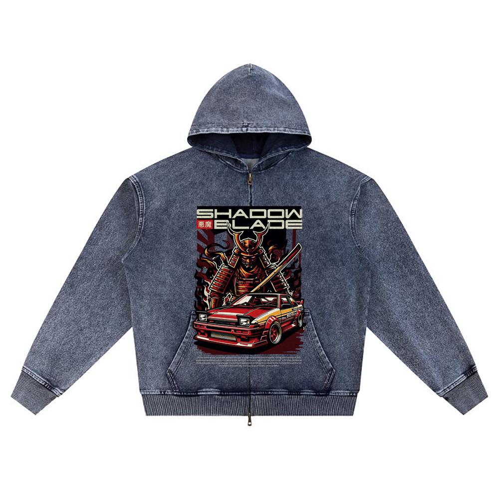 DTG Print Knitted Denim Zip-Up Hoodie Shadow Blade Brother Print Zipper Hoodies