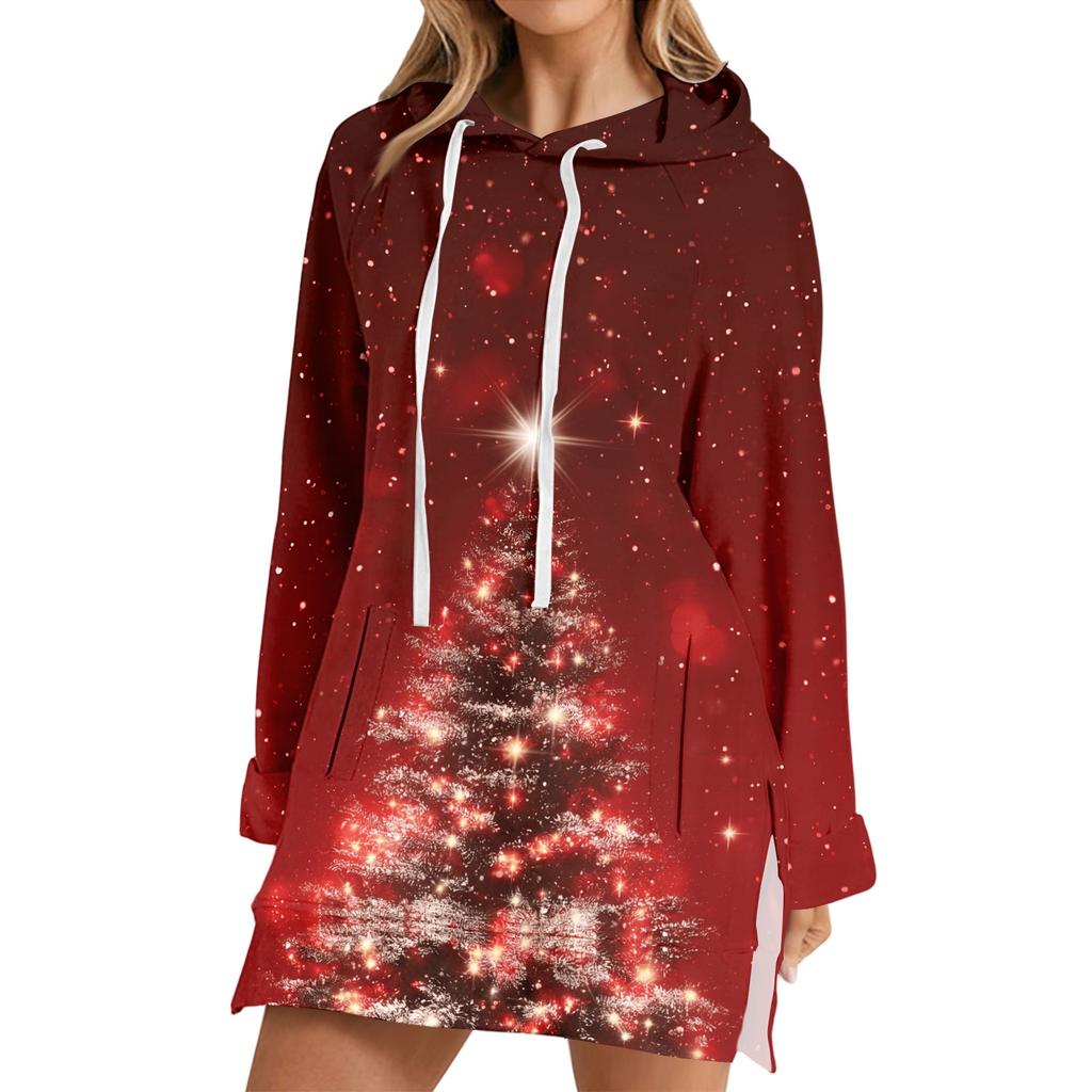 Women's Casual Christmas Print Long Sleeve Hooded Sweatshirt Top