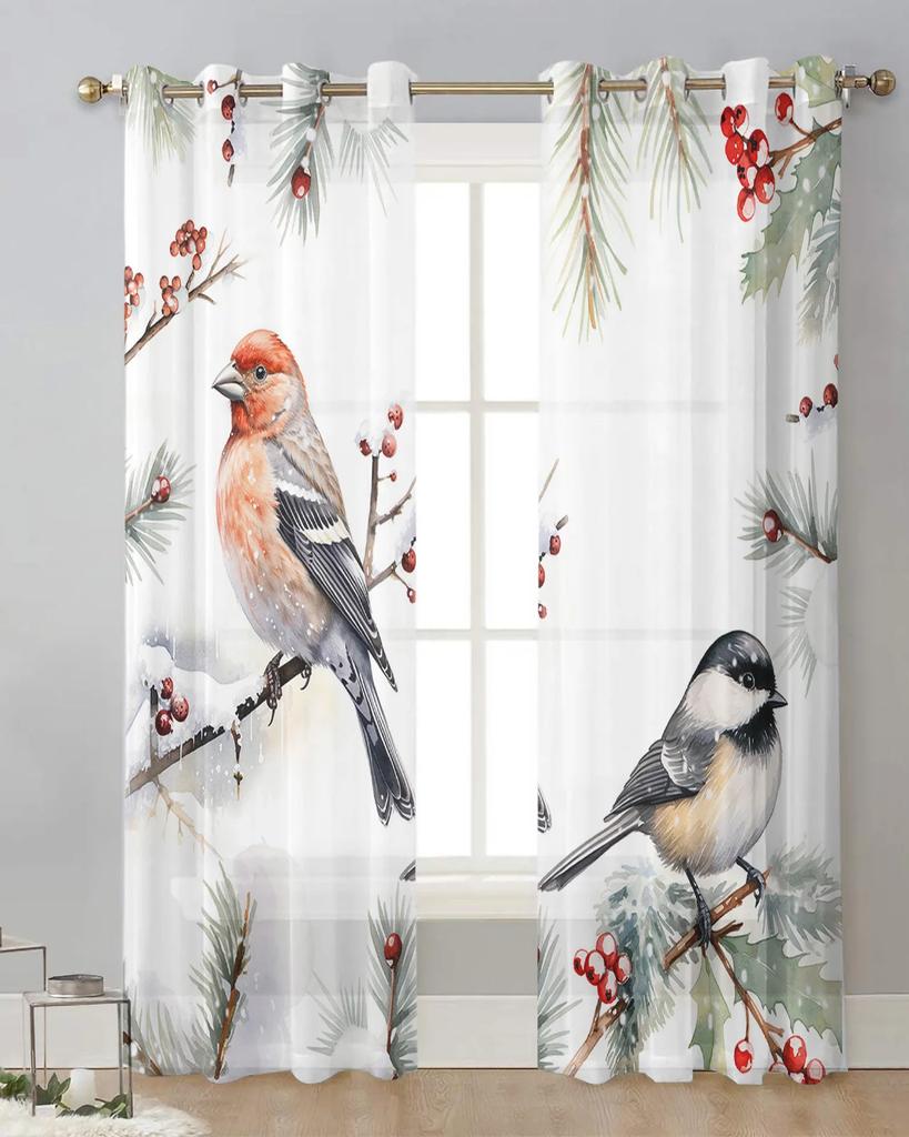 Christmas Robin Berries Pine Needles Sheer Curtains for Living Room Decoration Window Curtains Kitchen Tulle Voile Curtains