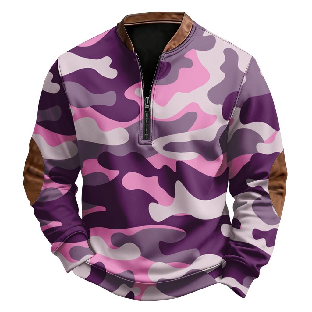 Men's Casual, Trendy, Retro American Camouflage Printed Round-neck Long-sleeved Half-pull One-piece Sweatshirt