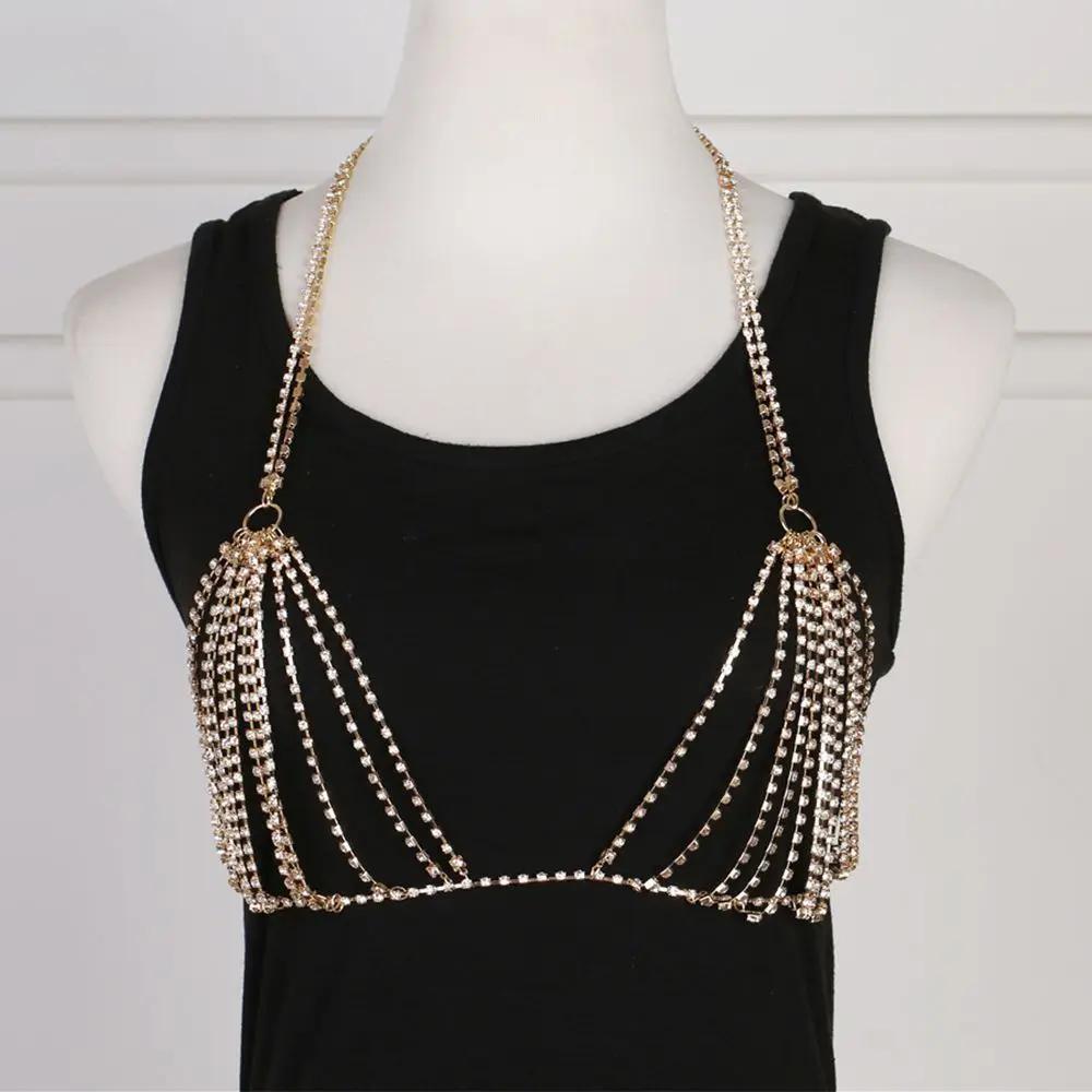 

Beach Party Sexy Women Rhinestone Charming Crystal Jewelry Bra Jewelry Lingerie Bikini Chain One Size золотой