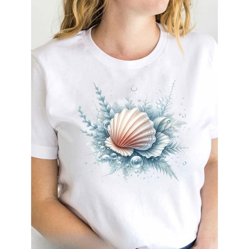 

European sizes Women s Seashell & Floral Print T-Shirt - Black with Blue & Pink Accents, Short Sleeve Crew Neck Casual Top for Spring & Summer S белый