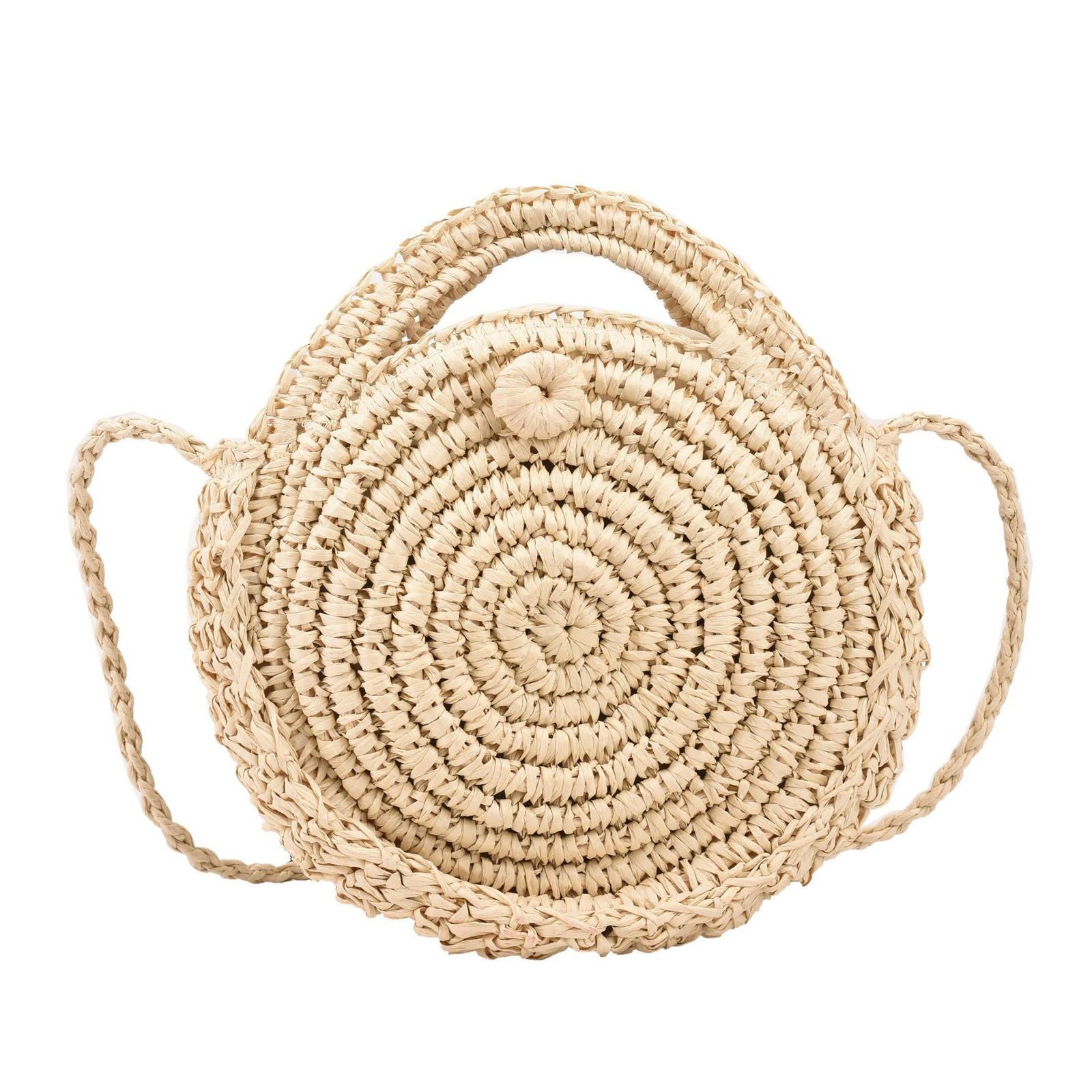 

Соломенная сумка для отдыха на пляже, плетеная вручную круглая сумка через плечо, двойного назначения, для отдыха, плетеная из бумажной веревки One Size бежевый