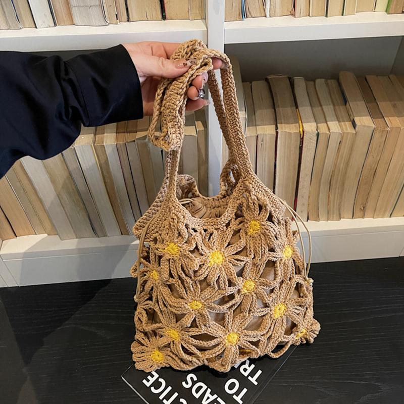 Yogodlns Neue vielseitige gewebte Stroh-Umhängetasche für Damen, handgefertigte gewebte Tasche mit Blumenmuster und Hohlmuster für Damen, Strandtasche für den Urlaub am Meer