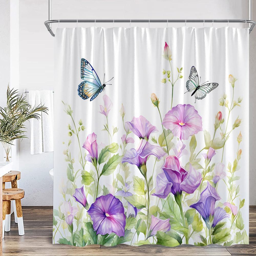 Watercolor Floral Shower Curtain Flower Plant Butterfly Purple Blue Golden Blossom Bathroom Decor ModernPolyester Bath Curtain