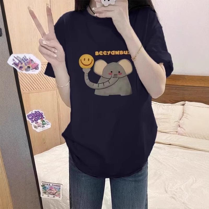 

Женская футболка из синего хлопка большого размера с коротким рукавом, новинка лета 2025, свободный крой со стройнящим дизайном L темно-синий