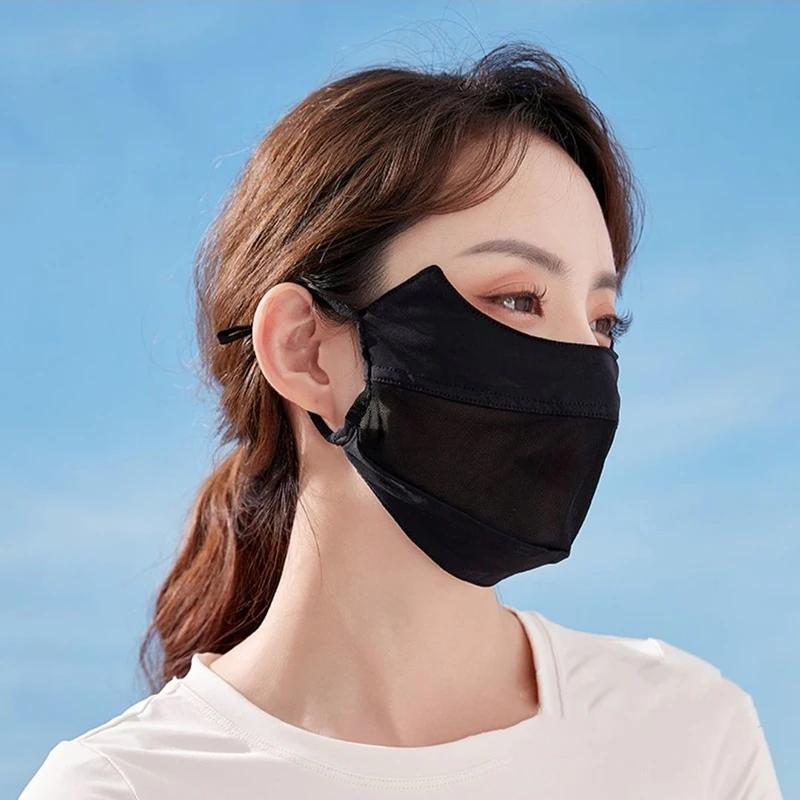 Women Ice Silk Mask Thin Breathable Mesh Face Cover Summer Outdoor Sunscreen Mask Adjustable Anti-UV Cycling Running Sport Mask