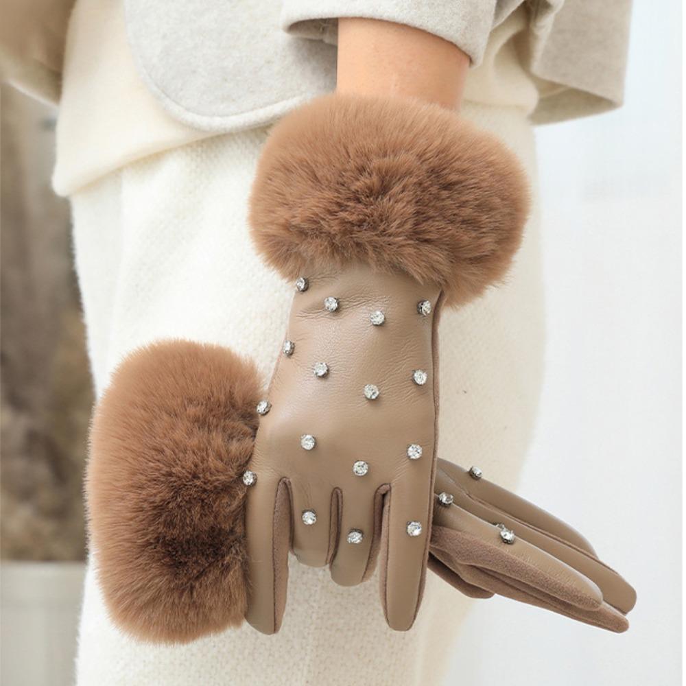 

Touchscreen PU Leather Gloves Faux Fur Trim Cuff Warm Gloves Winter Thermal Gloves for Women верблюд