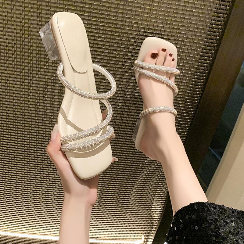 Rhinestone Transparent Crystal and Cool Slippers for Women In Summer, Thick Heel, Medium Heel, One-word Drag for Women