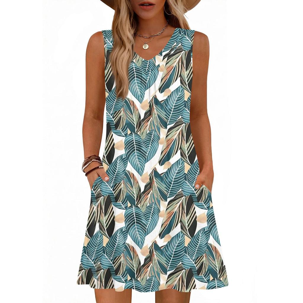 Damenmode Bedrucktes Sommer Ärmelloses V-Ausschnitt Tanktop Tasche Lässiges Lockeres Kleid