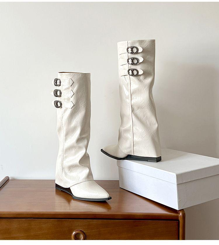 French Pointed Toe Thigh-High Wedge Heel Boots - Women's Elevated Pant Boots for Autumn/Winter Fashion, Over-the-Knee Wasteland Style.