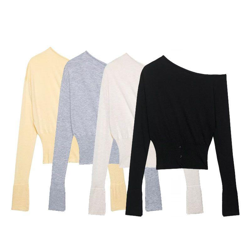 Za Export New Arrival Women's Clothing ZR Fashion Style off-Shoulder Collar Slit Slim-Fitting Pure Color Sweater Knitwear Long Sleeves