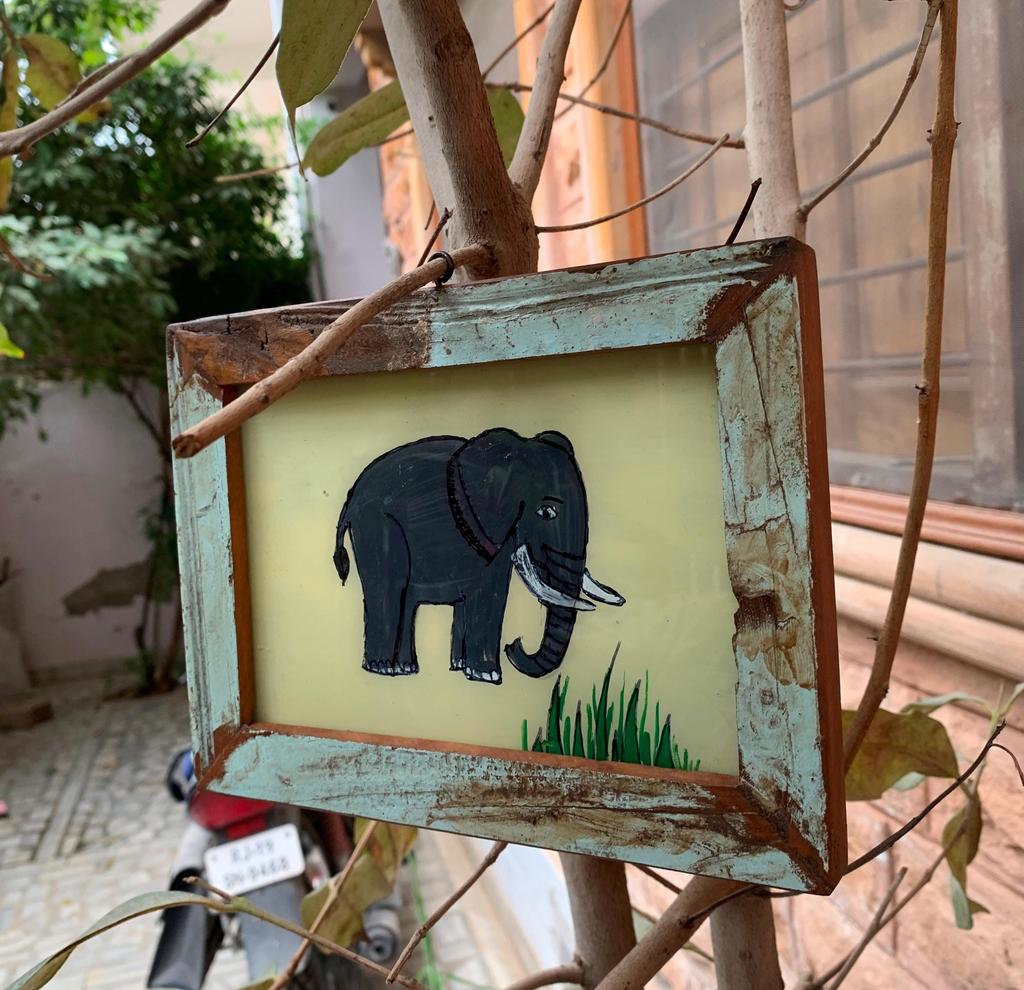 Old Wooden Frame Elephant Glass Painting  Rustic Farmhouse Wall Decor