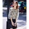 Shangjing Socialite Style Printed Hollow Round Neck Puff Sleeve Blouse