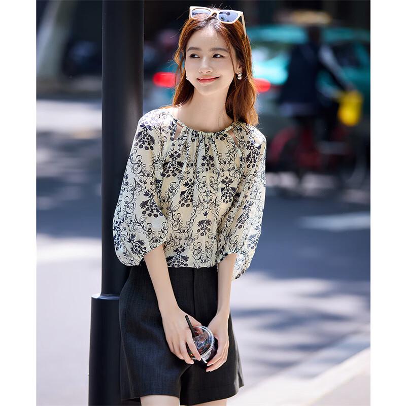 Shangjing Socialite Style Printed Hollow Round Neck Puff Sleeve Blouse